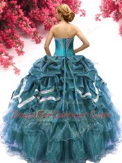 Custom Designed Teal Sleeveless Floor Length Beading and Ruffles and Pick Ups Lace Up Quinceanera Gown