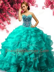 Chic Turquoise 15th Birthday Dress Military Ball and Sweet 16 and Quinceanera and For with Beading and Ruffles Sweetheart Sleeveless Lace Up