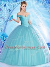 Fancy Off The Shoulder Sleeveless Tulle Sweet 16 Dress Beading Lace Up