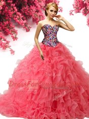 Fantastic Coral Red Sleeveless With Train Beading and Ruffles Lace Up Sweet 16 Dresses