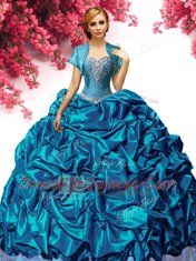 Cheap Aqua Blue Sweetheart Neckline Beading Quince Ball Gowns Sleeveless Lace Up