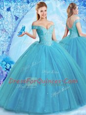 Cute Off the Shoulder With Train Lace Up Quinceanera Dress Teal for Military Ball and Sweet 16 and Quinceanera with Beading Brush Train