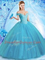 Cute Off the Shoulder With Train Lace Up Quinceanera Dress Teal for Military Ball and Sweet 16 and Quinceanera with Beading Brush Train