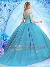 Cute Off the Shoulder With Train Lace Up Quinceanera Dress Teal for Military Ball and Sweet 16 and Quinceanera with Beading Brush Train