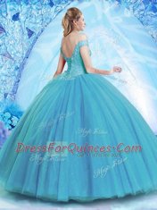 Cute Off the Shoulder With Train Lace Up Quinceanera Dress Teal for Military Ball and Sweet 16 and Quinceanera with Beading Brush Train