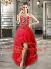 Affordable Sweetheart Sleeveless Lace Up Prom Dresses Red Tulle