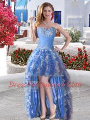 Sweetheart Sleeveless Evening Dress High Low Appliques and Ruffles Blue Organza