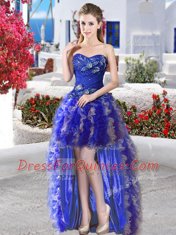 Royal Blue Lace Up Prom Party Dress Appliques and Ruffles Sleeveless High Low