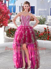 Admirable High Low Lace Up Prom Evening Gown Fuchsia for Prom and Party with Beading and Ruffles