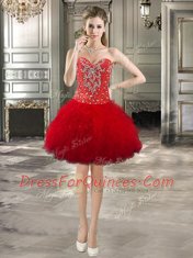 Red Tulle Lace Up Sweetheart Sleeveless Mini Length Prom Gown Beading and Ruffles