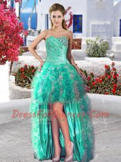 Turquoise Lace Up Prom Dresses Beading and Ruffles Sleeveless High Low