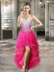 Modest A-line Prom Dresses Hot Pink Sweetheart Tulle Sleeveless High Low Lace Up