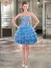 Modern Sleeveless Lace Up Mini Length Beading and Ruffled Layers Prom Gown