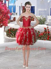 Super Sweetheart Sleeveless Homecoming Dress Mini Length Appliques and Ruffles Red Organza