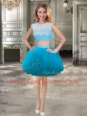 Teal Lace Up Scoop Beading and Ruffles Dress for Prom Tulle Cap Sleeves