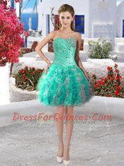 Turquoise Lace Up Evening Dress Beading and Ruffles Sleeveless Mini Length