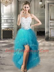 High Quality Beading and Ruffles Dress for Prom Teal Lace Up Sleeveless High Low