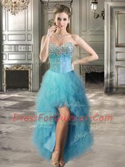 Sleeveless High Low Beading and Ruffles Lace Up Prom Gown with Teal