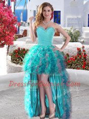 Aqua Blue Sleeveless High Low Beading and Ruffles Lace Up Homecoming Dress