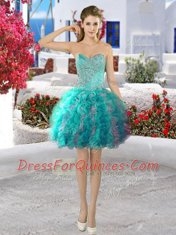 Glittering Turquoise Sweetheart Lace Up Beading and Ruffles Prom Dresses Sleeveless