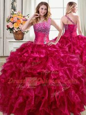 Clearance One Shoulder Floor Length Ball Gowns Sleeveless Fuchsia 15 Quinceanera Dress Lace Up