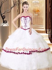 Elegant Floor Length Lace Up Sweet 16 Dress White for Military Ball and Sweet 16 and Quinceanera with Embroidery and Ruffled Layers