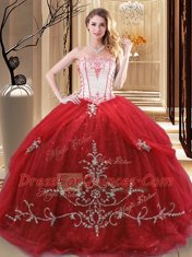 Custom Fit Red 15 Quinceanera Dress Military Ball and Sweet 16 and Quinceanera and For with Embroidery Strapless Sleeveless Lace Up