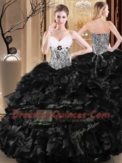 Custom Fit Black Ball Gowns Ruffles and Pattern Quince Ball Gowns Lace Up Tulle Sleeveless Floor Length