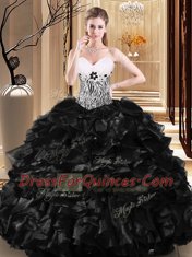 Custom Fit Black Ball Gowns Ruffles and Pattern Quince Ball Gowns Lace Up Tulle Sleeveless Floor Length