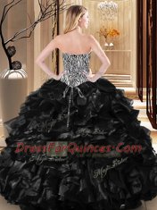 Custom Fit Black Ball Gowns Ruffles and Pattern Quince Ball Gowns Lace Up Tulle Sleeveless Floor Length