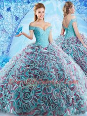 Sophisticated Off the Shoulder Backless Fabric With Rolling Flowers Sleeveless Quinceanera Gown Court Train and Beading and Appliques and Ruffles