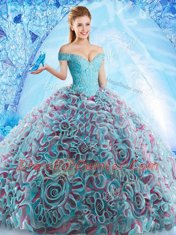 Sophisticated Off the Shoulder Backless Fabric With Rolling Flowers Sleeveless Quinceanera Gown Court Train and Beading and Appliques and Ruffles