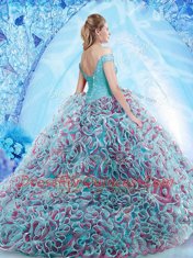 Sophisticated Off the Shoulder Backless Fabric With Rolling Flowers Sleeveless Quinceanera Gown Court Train and Beading and Appliques and Ruffles