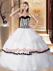 White Vestidos de Quinceanera Military Ball and Sweet 16 and Quinceanera and Beach and For with Embroidery and Ruffled Layers Sweetheart Sleeveless Lace Up