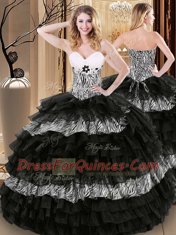 Admirable Printed Floor Length Lace Up Quinceanera Gowns Black for Military Ball and Sweet 16 and Quinceanera with Ruffled Layers and Pattern
