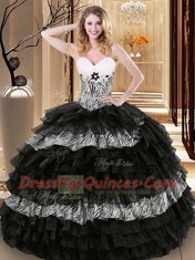 Admirable Printed Floor Length Lace Up Quinceanera Gowns Black for Military Ball and Sweet 16 and Quinceanera with Ruffled Layers and Pattern