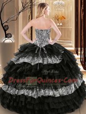 Admirable Printed Floor Length Lace Up Quinceanera Gowns Black for Military Ball and Sweet 16 and Quinceanera with Ruffled Layers and Pattern