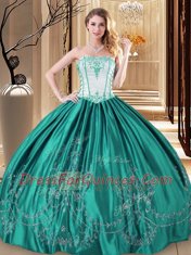 Sleeveless Taffeta Floor Length Lace Up Vestidos de Quinceanera in Turquoise with Embroidery