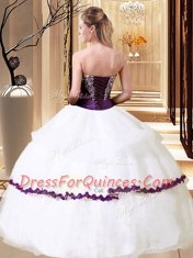 Inexpensive Sleeveless Floor Length Beading Lace Up Ball Gown Prom Dress with White