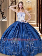 Amazing Royal Blue Strapless Lace Up Embroidery Quinceanera Gowns Sleeveless