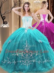 Sleeveless Floor Length Embroidery Lace Up Quinceanera Gown with Aqua Blue