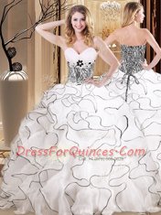 Popular White Lace Up Quince Ball Gowns Ruffles Sleeveless Floor Length