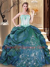 Custom Designed Pick Ups Floor Length Turquoise Quince Ball Gowns Strapless Sleeveless Lace Up