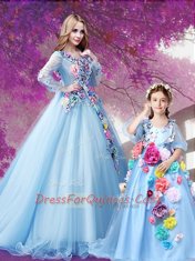 Best Selling Baby Blue Quinceanera Dresses Sweet 16 and Quinceanera and For with Beading and Hand Made Flower V-neck Long Sleeves Sweep Train Lace Up