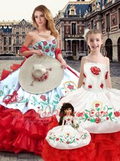 Discount Floor Length Lace Up Quinceanera Dress White And Red for Sweet 16 and Quinceanera with Embroidery