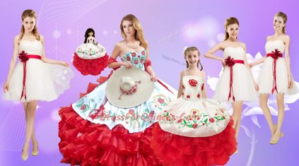 Custom Made Sleeveless Floor Length Beading and Ruffles Lace Up Ball Gown Prom Dress with White And Red