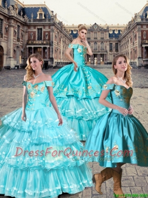 New Style Off the Shoulder Embroidery Quinceanera Dresses in Teal and Aqua Blue