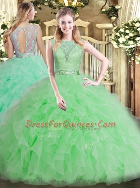 Apple Green Sleeveless Tulle Backless Quince Ball Gowns for Military Ball and Sweet 16 and Quinceanera