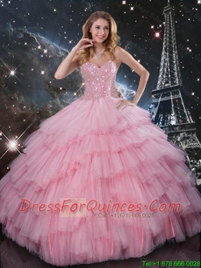 Comfortable Beaded Ball Gown Pink Sweet 16 Dresses with Floor Length for Winter