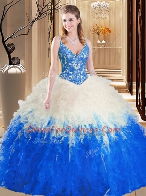 Straps Blue And White Sleeveless Lace and Ruffles Floor Length Quince Ball Gowns